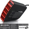 Close-up view of the back of a black and red heater with mounting bracket and text overlays. Produktbild-Vorschau