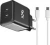 A black USB-C charger with two ports and two white USB-C cables. Produktbild-Vorschau