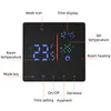 A digital thermostat display with labels pointing to different functions and readings. Produktbild-Vorschau