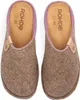 A top-down view of a pair of brown felt slippers with purple trim. Produktbild-Vorschau