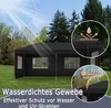A black party tent set up on a grassy lawn with trees and a sunny sky in the background. Inset circles highlight features like waterproofing and UV protection. Produktbild-Vorschau