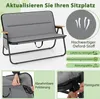 A marketing image showcasing a grey camping chair with various feature callouts. Produktbild-Vorschau