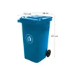 A blue wheeled trash can with dimensions indicated by text overlays. Produktbild-Vorschau