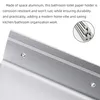 Close-up of a metallic shelf with screws, next to a description of a bathroom toilet paper holder and a circular inset showing metal rods. Produktbild-Vorschau