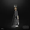 A Star Wars Obi-Wan Kenobi Black Series replica lightsaber hilt is displayed on a stand against a black background. Produktbild-Vorschau