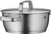 A stainless steel pot with a lid and handles. Produktbild-Vorschau