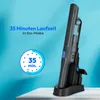 A cordless vacuum cleaner is shown in its charging station against a bright blue background with text and a circular graphic indicating battery life. Produktbild-Vorschau