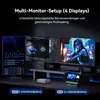 A desk setup showcasing a multi-monitor configuration with a mini PC and a portable display. Produktbild-Vorschau