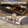 A split image showing two different storage solutions for a bed. The top shows a bed with a large, open storage compartment underneath, filled with folded linens and pillows. The bottom shows a bed with drawers underneath, containing smaller items like toy Anteprima dell’immagine prodotto