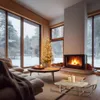 A cozy living room decorated for Christmas, with a fireplace and a Christmas tree, overlooking a snowy landscape. Podgląd zdjęcia produktu