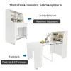 A multifunctional telescopic table shown in two configurations: a closed cabinet with storage and an extended dining table with seating for 2-3 people. Náhled obrázku produktu