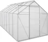 A greenhouse with a silver frame and clear panels, shown from a diagonal angle. Produktbild-Vorschau