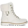A white leather boot with a fur lining and gold accents. Produktbild-Vorschau