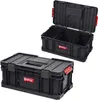 Two black Qbrick System toolboxes are shown against a white background. One is closed and the other is open, revealing its internal compartments. Náhled obrázku produktu