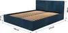 A dark blue upholstered bed frame with a slatted base and a headboard, shown with dimensions indicated by measurement lines and text. Produktbild-Vorschau
