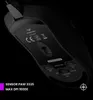 The underside of a black gaming mouse is shown against a black background. Text overlays provide product specifications. Produktbild-Vorschau