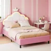 Kinderbett 90x200 cm, rosa-weißer Samt, Kronenkopfteil und Produktbild-Vorschau 1