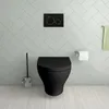 A black toilet with a black flush plate mounted on a tiled wall. Produktbild-Vorschau