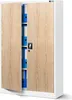 A white metal cabinet with wood-look doors, open to reveal blue binders inside. Produktbild-Vorschau