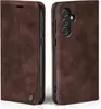 Two views of a dark brown leather flip case for a smartphone, shown from the side and the back. Produktbild-Vorschau