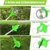 Collage showing different cutting attachments for a garden trimmer, with examples of their use on branches, bushes, and grass. Produktbild-Vorschau