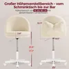 Two views of a cream-colored fluffy chair with dimensions indicated by text and lines. Náhled obrázku produktu