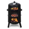 A cutaway view of a black smoker grill showing food cooking on multiple racks and a fire burning at the bottom. Náhled obrázku produktu