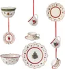A collection of Christmas-themed ceramic tableware, including bowls, cups, and plates, arranged against a white background. Produktbild-Vorschau