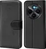 A black flip case for a smartphone is shown, with the front cover closed on the left and the back cover open on the right, revealing the phone's camera module. Produktbild-Vorschau