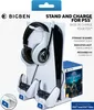 A white charging stand for a PlayStation 5 console, featuring a pair of headphones and two controllers, with a game case in the background. Podgląd zdjęcia produktu