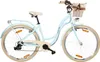A light blue city bicycle with a wicker basket on the front, presented against a white background. Produktbild-Vorschau