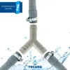 A Y-shaped connector for drain hoses, shown with hoses attached and water splashing. Produktbild-Vorschau