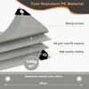 A diagram illustrating the features of a gray tarp. Produktbild-Vorschau