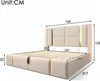 A beige upholstered bed frame with dimensions indicated by measurement lines and numbers. Voir les images du produit