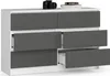 A white dresser with six gray drawers, some of which are open, on a white background. A camera and books are on top of the dresser. Náhľad obrázku produktu