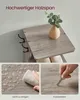 A collage of images showcasing a wooden shoe rack with hooks, demonstrating its ease of cleaning and scratch resistance. The top image shows the shoe rack with a decorative vase, and the bottom images highlight material properties. Produktbild-Vorschau