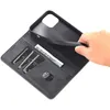 A hand is shown inserting a phone into a black leather wallet case for an iPhone 14 Plus. Produktbild-Vorschau