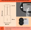 A collage showing a range hood diagram with dimensions and a close-up of its filter and lighting. Náhľad obrázku produktu