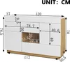 A diagram showing the dimensions of a sideboard. Voir les images du produit