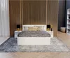 A modern bedroom with a white bed, wooden slatted wall, and a large rug. Produktbild-Vorschau