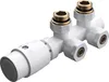 A white radiator valve with gold-colored fittings against a white background. Produktbild-Vorschau