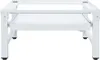 A white metal stand for a washing machine or dryer, with a pull-out shelf. Voir les images du produit
