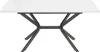 A white rectangular dining table with a modern metal base, shown from the front. Produktbild-Vorschau