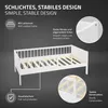 A white wooden children's bed with a slatted frame, shown with callouts highlighting its features. Produktbild-Vorschau