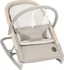 A baby bouncer seat with a wooden frame and beige fabric. Voir les images du produit