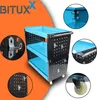 A marketing image showcasing a blue and black tool cart with various close-up views of its features. Produktbild-Vorschau
