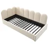 A beige upholstered bed frame with a slatted mattress support is shown against a white background. Náhľad obrázku produktu