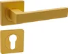 A gold-colored door handle set with a square rose plate, shown against a white background. Produktbild-Vorschau