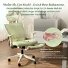 A light green ergonomic office chair with an extended footrest is shown in a room setting, with text overlays highlighting its features. Podgląd zdjęcia produktu