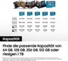 A marketing image showing various Samsung microSD card capacities and their storage capabilities for different file types. Produktbild-Vorschau